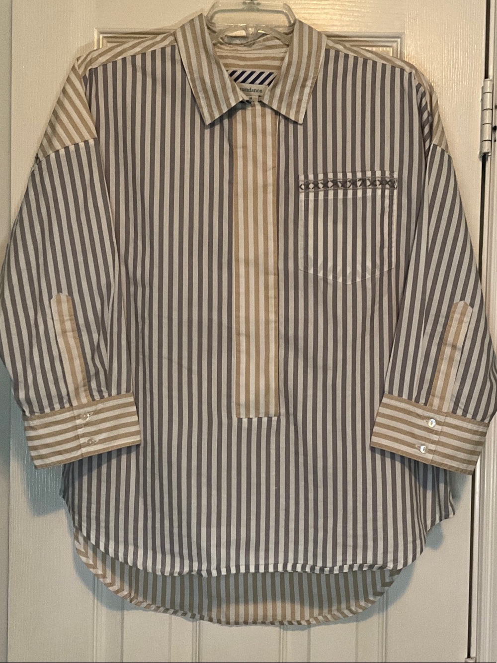 Sundance Striped Button-Front Blouse in Gray and Cream
